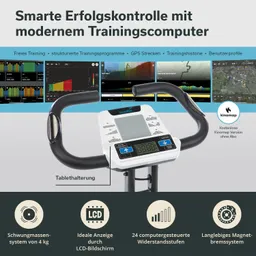 Bild eines Heimtrainingsgeräts mit LCD-Bildschirm, Halterung für Tablets und verstellbaren Handgriffen. Grafiken im Hintergrund zeigen Trainingsdaten.