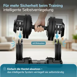 Intelligente Hantel mit Klicksystem, Halterung mit einer Hand in der Nähe, moderne Umgebung im Hintergrund.