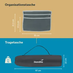 Abbildung von zwei Taschen. Oben eine graue Organisationstasche mit Maßen 35 x 21,5 x 17,5 cm. Unten eine schwarze Tragetasche mit dem Logo "Skandika", die 97 x 22 cm misst und 0,6 kg wiegt.