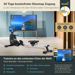 Rudergerät in modernem Raum, Bildschirm zeigt Wasserlandschaft. Text informiert über Kinomap-Zugang und Trainingsvorteile.