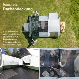 Zelt mit abnehmbarer Dachabdeckung auf Wiese. Personen fügen Teile hinzu, Details von Innenraum, Sicht nach außen.