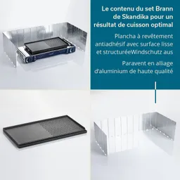 Set mit Antihaft-Grillplatte und Windschutz aus hochwertigem Aluminium auf hellem Hintergrund.