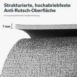 Nahaufnahme einer strukturierten, rutschfesten Oberfläche mit einer Dicke von 7 mm, grau und mit wasserabweisender Beschichtung.