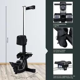 Fitnessgerät mit ergonomischem, gepolstertem Sitz, verstellbaren Pedalen und Zuggriffen. Maße: 172 cm hoch, 54 cm breit, 52 cm tief.
