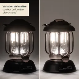 Tischlampe mit Glas und Metall, zwei Varianten der Lichtfarbe. Links warmes Licht, rechts anderes Licht. Marke „Skandika“.