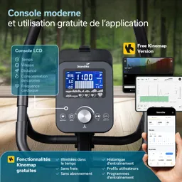 Moderne Fitnesskonsole mit LCD-Display. Anzeigen für Zeit, Geschwindigkeit, Distanz, Kalorien und Herzfrequenz. Smartphone-App sichtbar.