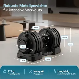 Metallgewichte auf einer Ablage, Maße und Produktgewicht angegeben. Hintergrund zeigt Wohnraum mit Möbeln.