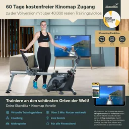Frau steht neben einem Rudergerät. Im Hintergrund ein Fernseher mit Trainingsvideos. Verschiedene Funktionen und Vorteile sind aufgeführt.