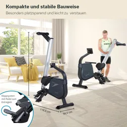Kompakter Fitness-Gerät mit Person im Raum. Maße und Klappmechanismus sind sichtbar. Hell erleuchteter, moderner Raum.