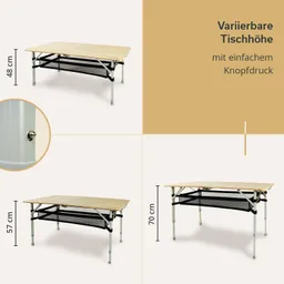 Zusammenklappbarer Tisch mit variierbarer Höhe (48 cm, 57 cm, 70 cm) und schwarzem Untergestell. Holzplatte oben.