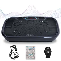Vibrationsplattform in Dunkelgrau mit Bedienelementen und Aufdruck. Darunter liegen ein Übungsband und eine Anleitung sowie ein Fitnessuhr.