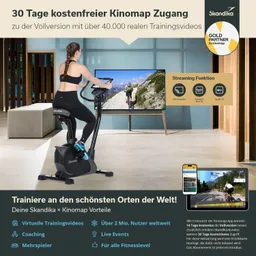 Frau fährt auf einem Ergometer vor einem Fernseher, der Landschafts-Trainingsvideos zeigt. Werbung für Skandika und Kinomap.