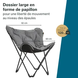 Ein grauer Stoffstuhl mit breitem, schmetterlingsförmigem Rücken, Abmessungen von 82 cm (B) und 60 cm (T), maximale Belastung 120 kg.
