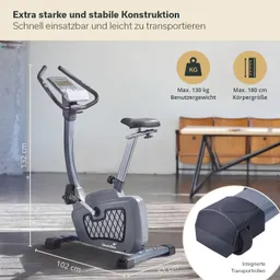 Ergometer mit stabiler Konstruktion, maximal 130 kg Benutzergewicht und 180 cm Körpergröße. In einem Raum mit Möbeln.