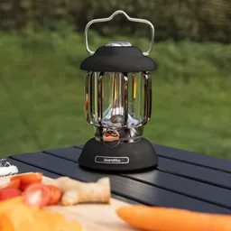 Ölpumpe in Schwarz und Silber auf einem Tisch mit Gemüse im Vordergrund. Unscharfer grüner Hintergrund.