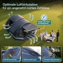 Zelt mit Mesh-Fenstern auf einer Wiese, umgeben von einer sitzenden Gruppe. Grafische Elemente erläutern Funktionen.