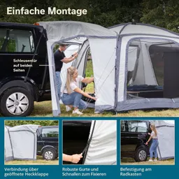 Zeltmontage neben einem schwarzen Fahrzeug. Eine Person befestigt das Zelt, das eine Schleusentür auf beiden Seiten hat. In der Ecke sind Konstruktionsdetails zu sehen.