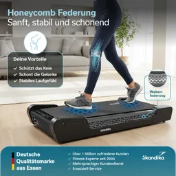 Ein Laufband mit einer Person, die darauf läuft. Informationen über die Honeycomb-Federung und deren Vorteile sind sichtbar.