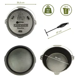 Gusseiserner Kochtopf mit Deckel, Durchmesser 29 cm, Höhe 27 cm, Gewicht 8,5 kg, Volumen 7,1 l enthalten ist ein Griff.