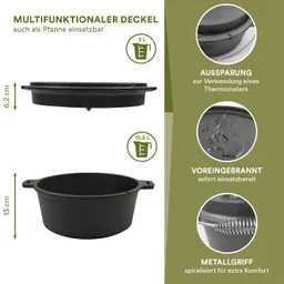 Multifunktionaler, schwarzer Deckel mit zwei Größenangaben: 6,2 cm Höhe und 13 cm Durchmesser, verzehnfachte Innenansicht.