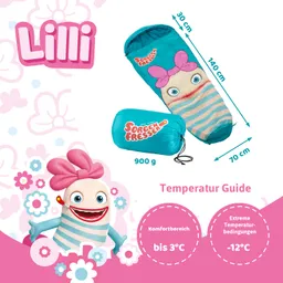 Schlafsack mit Muster in Blau und Weiß, abgebildetes Maskottchen mit buntem Gesicht und Lili-Gesicht, Maßangaben und Temperaturhinweise.