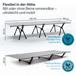 Klappliege in zwei Höhen: Hoch-Modus (40 cm) und Trekking-Modus (20 cm). Maße: 192 x 66 cm, leicht und mobil.