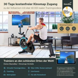 Eine Person trainiert auf einem Rudergerät in einem hellen Raum. Im Hintergrund hängt ein Bildschirm, der ein Trainingsvideo zeigt. Daneben steht ein Tisch mit einem Tablet.