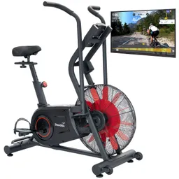 Stationäres Fitnessgerät mit einem Lüfterrad und einem Bildschirm, der eine Radfahr-Ansicht zeigt.