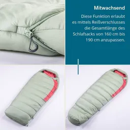 Grüner Schlafsack mit rotem Akzent und Reißverschluss, der in der Länge von 160 cm bis 190 cm verstellbar ist.