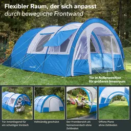 Blaues Zelt in einem Wald, mit beweglicher Frontwand. Optimaler Innenraum, verschiedene Ansichten und Verwendungsmöglichkeiten.