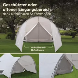 Ein Zelt mit aufrollbaren Seitenwänden auf einer Wiese. Es gibt einen geschützten und offenen Eingangsbereich.