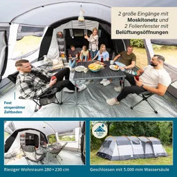 Zeltinterieur mit sechs Personen, die an einem Tisch sitzen. Esswaren und Getränke stehen auf dem Tisch.