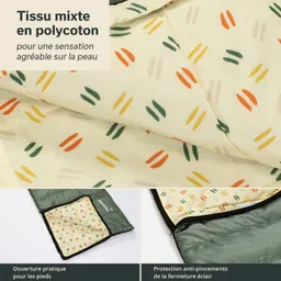 Schlafsack mit buntem, gemustertem Innenstoff in Gelb- und Grüntönen. Außen grün mit schwarzem Reißverschluss.