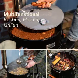 Ein multifunktionales Kochgerät mit einem Deckel und Thermometer. Es zeigt Inhalte in einer oberen und unteren Ansicht mit verschiedenen Speisen.