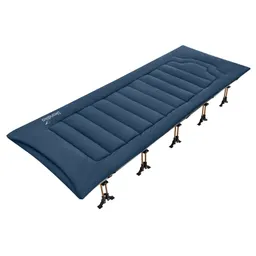 Faltbare Liege mit gepolsterter, blauer Oberfläche und stabiler, metallener Unterkonstruktion.