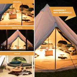 Zelt aus Baumwolle mit Palettenmöbeln, Beleuchtung und Dekoration in einem Garten, sichtbar bei Nacht.