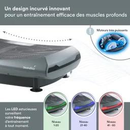 Vibrationsplatte mit strukturiertem Oberflächenmuster, LED-Anzeigen, die Trainingsniveaus darstellen und in verschiedenen Farben leuchten.