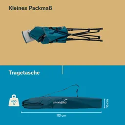 Zusammengeklapptes, türkisfarbenes Campingzelt mit Tragetasche, Maßen 113 cm x 16 cm, Gewicht 400 g, auf beige-blauem Hintergrund.