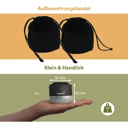 Zwei schwarze Aufbewahrungsbeutel sind oben abgebildet. Darunter befindet sich ein Behälter in einer Hand, mit Maßen von 67 mm und 65 mm, sowie einem Gewicht von 175 g.