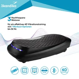 Schwarzes Vibrationsgerät mit gewellter Oberfläche, präsentiert mit Schriftzug und Symbolen, beschreibt Funktionen und Eigenschaften.