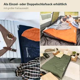 Ein Schlafsack in orange und blau sowie ein grüner Schlafsack liegen auf verschiedenen Unterlagen. Im Bild sind auch eine Decke, eine Tasse Kaffee und ein kariertes Hemd sichtbar.