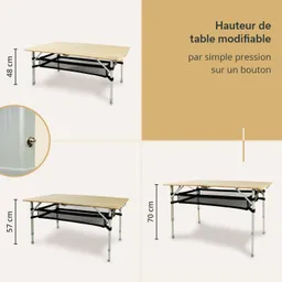 Klappbarer Tisch mit verstellbarer Höhe in drei Positionen (48 cm, 57 cm, 70 cm) und schwarzem Untergestell.