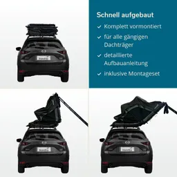 Dachzelt auf einem Auto, mit verschiedenen Montagezuständen. Textinformationen über Aufbau und Zubehör rechts.