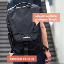 Rucksack in dunkler Farbe wird an einer Person getragen. Textelemente heben die Bequemlichkeit bei schwerem Inhalt und die Belastbarkeit hervor.