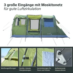 Grünes Zelt mit drei großen Eingängen und Moskitonetzen. Detailansichten zeigen Belüftungsöffnungen, stabile Fiberglastangen, Verdunklungen und Abspannleinen.