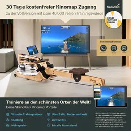 Rudergerät aus Holz mit Wassertank und Sitz, Bildschirm zeigt ein Trainingsvideo. Werbung für Kinomap-Zugang und Funktionen.