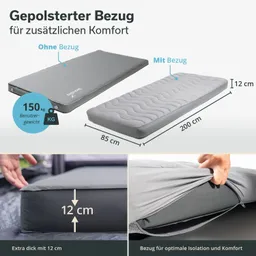 Gepolsterte Matratze mit Abmessungen und Bezug, unterteilt in Text und Bildern. Kennzahlen: 150 kg Gewicht, 12 cm dick.