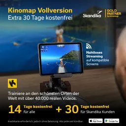 Tablet mit einem Ruderer auf einem Gewässer, neben Text zu einem Fitness-Angebot von Kinomap und Skandika.