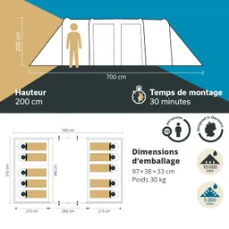 Zeltgrafik mit Maßen: Höhe 200 cm, Länge 700 cm. Zeichnungen zeigen Zeltaufbau, Innenraum für 10 Personen und Verpackungsinformationen.
