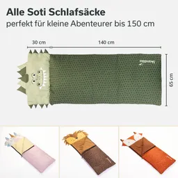 Schlafsäcke in verschiedenen Tierdesigns: grün mit Dino-Kopf, braun mit Löwenkopf und orange mit Fuchs-Motiv.